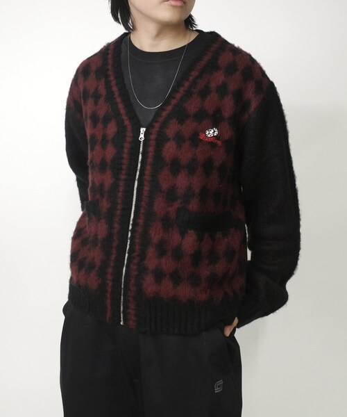 ※２サイズ【UNISEX】BLESSYOUダイヤ柄モヘアジップカーディガン