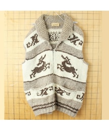 CANADA製 HILL'S Native Art カウチンニット 前開き ウールベスト メンズXL相当 ベージュ トナカイ柄