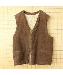 -- | 60s 70s EURO ムートンボア ジップアップ ベスト メンズM相当 ブラウン アウトドア キャンプ ヨーロッパ古着(ベスト)