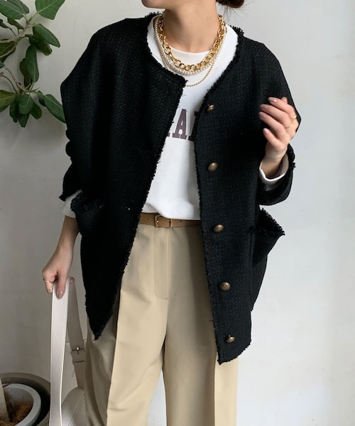 DouDou（ドゥドゥ）の「ツイードジャケット（ノーカラージャケット