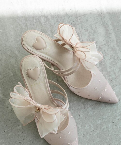 Randa シフォンリボンハートミュールパンプス 黒 Lサイズ RANDA パンプス 「HEART COLLECTION」シフォンリボンハート