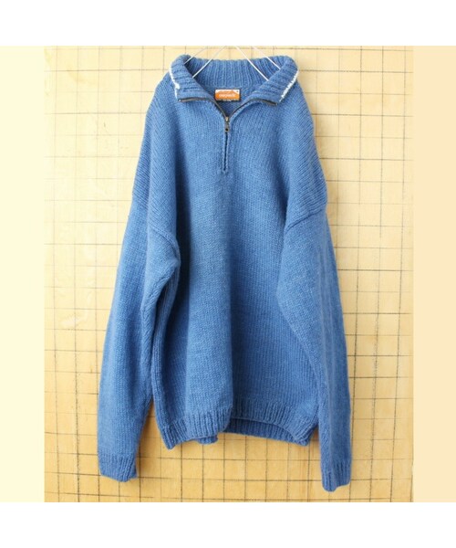 --(--)の「ネパール製 namaste ハンドメイド ウールニット ハーフジップ セーター ブルー メンズXL相当 古着(ニット/セーター・レディース・ブルー・XL)」の1枚目の写真