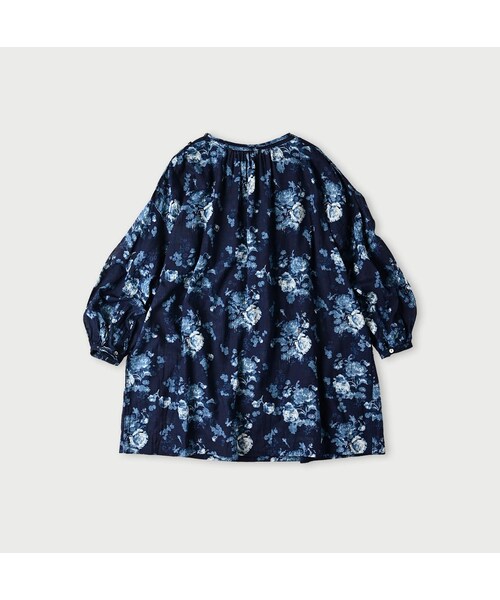 ガーゼローズプリントのギャザーチュニックブラウス