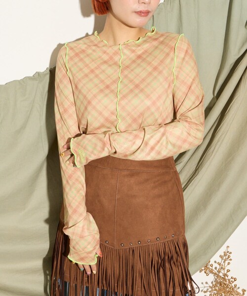 CIAOPANIC TYPY（チャオパニックティピー）の「【HELLO.SANFRANCISCO】チェックチュールトップス（Tシャツ/カットソー・レディース・グレー/ブルー/オレンジ・ONE）」の3枚目の写真