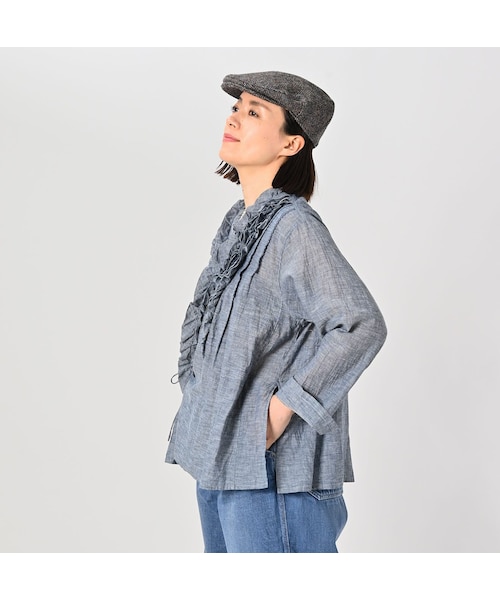 試着のみ　45R ガーゼのフリルレースカシュクール 45rpm 45R（フォーティファイブアール）の「ダンガリーガーゼのフリルレース