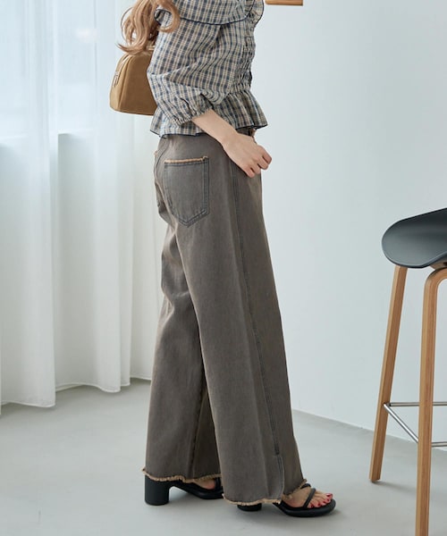 kastane デニムスリットワイドパンツ 低身長サイズ追加/高身長サイズ/3サイズ展開】デニムスリット