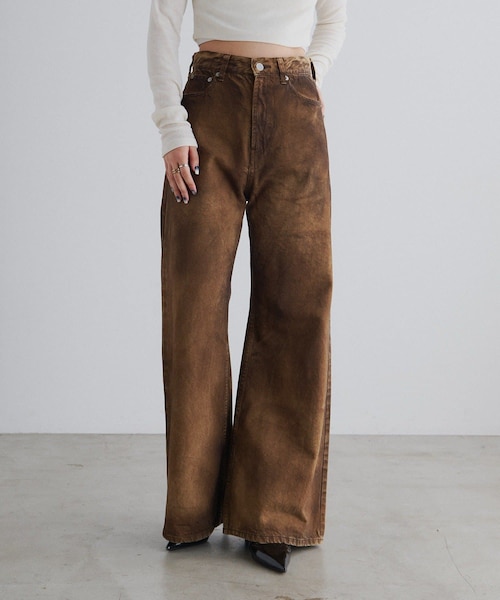 ai no de】ogamo レザーライクバギーデニムパンツ