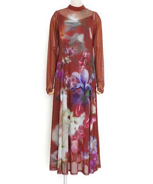 AMERI SMOKE FLOWER FLARE DRESS アイボリー SMOKE FLOWER FLARE DRESS