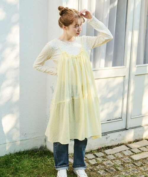 Crisp（クリスプ）の「ドビーティアードミニキャミワンピース[c2R3643]（ワンピース・レディース・ホワイト/イエロー/レッド/チャコールグレー・FREE）」の4枚目の写真