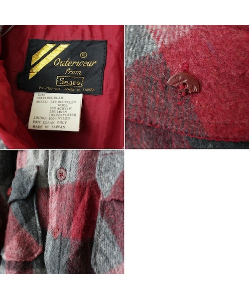 --（--）の「70s 80s USA Sears ウール チェック CPO ジャケット メンズXL レッド グレー アウトドア アメリカ古着（その他アウター・レディース・レッド・XL）」の2枚目の写真