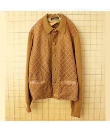 -- | 60s 70s EURO cortefiel スウェードレザー ウールニット カーディガン ライトブラウン メンズML相当 ヨーロッパ古着(カーディガン/ボレロ)