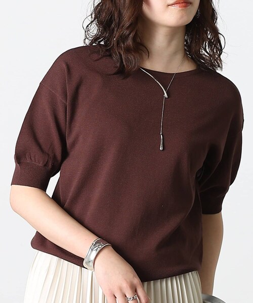 COLONY 2139(コロニートゥーワンスリーナイン)の「【SS先行予約/2WAY】ビスコースPBTプレーティング半袖プルオーバー(ニット/セーター・レディース・ブラック/サックスブルー/サンドベージュ/ブラウン・F)」の2枚目の写真