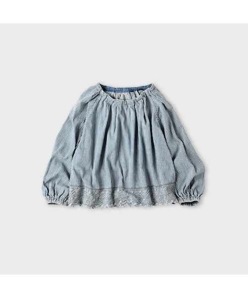 極美品★45R 45プチデニム✕レースのタックブラウス（加工）ヒッコリー淡 極美品☆45R 45プチデニム✕レースのタックブラウス（加工）ヒッコリー