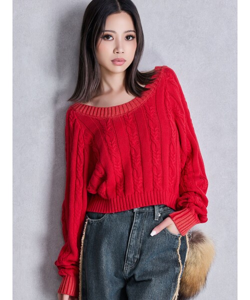 GYDA(ジェイダ)の「オフショルブリーチニットトップス(ニット/セーター・レディース・レッド/ネイビー/ブラック・F)」の3枚目の写真