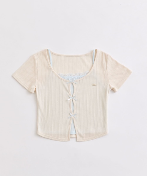 OLIVE des OLIVE(オリーブデオリーブ)の「映えリボンTee(Tシャツ/カットソー・レディース・ネイビー/レッド/ピンク/オフホワイト/ブラック・FREE)」の2枚目の写真