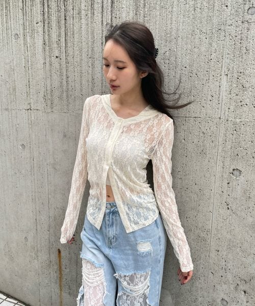 FOREVER 21（フォーエバー トゥエンティーワン）の「レースフーディー（トップス・ナチュラル08/ブラック09・FREE）」の10枚目の写真