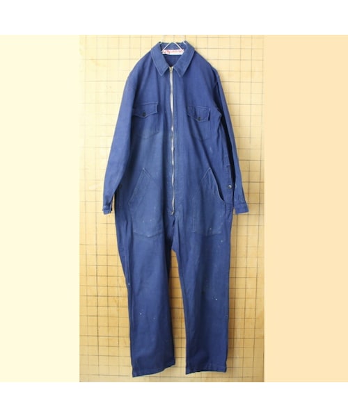 --（--）の「60s 70s France LABOR コットン ツイル ワーク オールインワン W48相当 ネイビー ブルー つなぎ ヨーロッパ古着（つなぎ/オールインワン・レディース・ブルー・W48）」の2枚目の写真