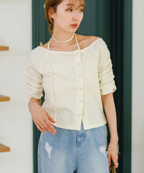 Kastane（カスタネ）の「【5.3(土)0:00発売/XS.Fサイズ展開】オフショルテレコ5分袖カットソー（Tシャツ/カットソー・レディース・チャコールグレー/ホワイト/ブラックその他1/アイボリー・F/XS）」の3枚目の写真