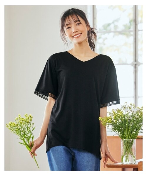 nissen（ニッセン）の「大きいサイズ　５分袖レース付ＶネックゆるＴシャツ（Tシャツ/カットソー・レディース・黒/オフホワイト・L/LL/3L/4L/5L/6L/8L/10L）」の11枚目の写真