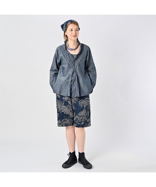 45R（フォーティファイブアール）の「リネンロータスプリントのニームショーツ MEN（インディゴ）（パンツ・メンズ・73-インディゴ・03-M/04-L）」の3枚目の写真