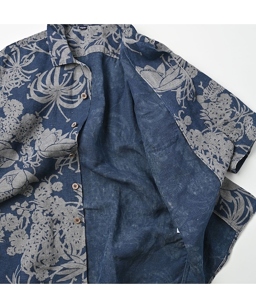 リネンロータスプリントのレイレイシャツ MEN（インディゴ）