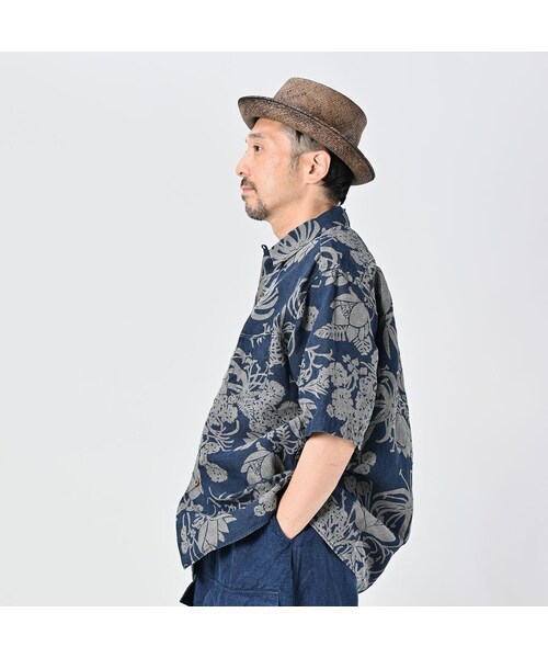 【美品 25SS】 45R リネンロータスプリントのレイレイシャツ リネンロータスプリントのレイレイシャツ MEN（インディゴ）