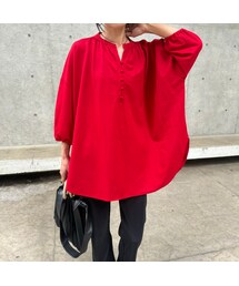 copine | 接触冷感ヘンリーネック7分袖プルオーバー(レッド)(Tシャツ/カットソー)