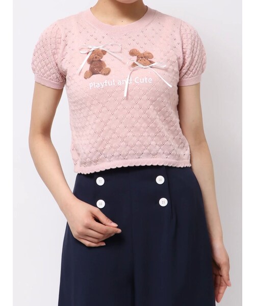 CALNAMUR（カルナムール）の「BEAR PRINT RIBBON KNIT /ベアプリントリボンニット（ニット/セーター・レディース・ホワイト/ピンク/アイスブルー・F）」の12枚目の写真