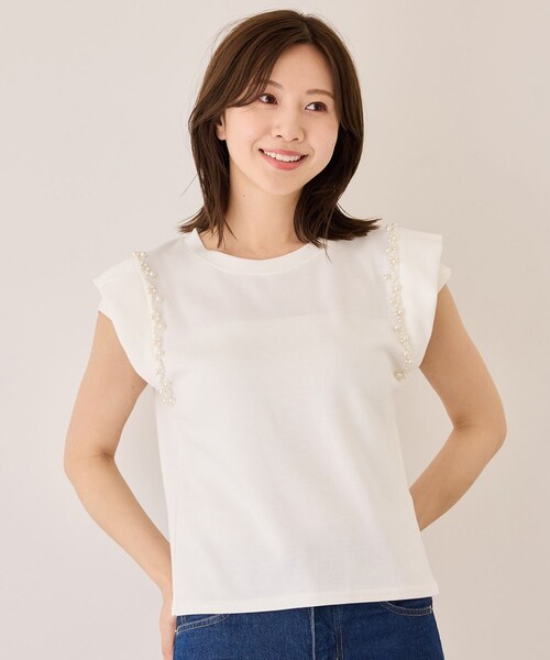 Jayro(ジャイロ)の「フレンチスリーブパールポンチカットソー(Tシャツ/カットソー・レディース・ブラック/ホワイト系・F)」の1枚目の写真