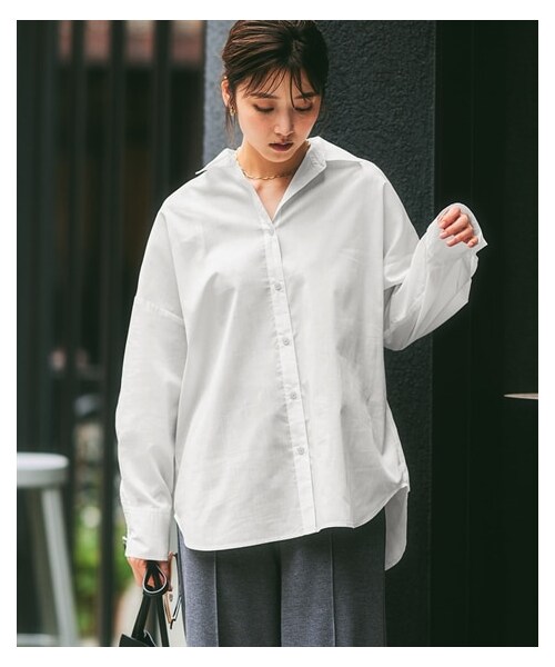 nissen（ニッセン）の「オーバーサイズシャツ（シャツ/ブラウス・レディース・オフホワイト/ネイビー系ストライプ/サックス・S/M/L/LL）」の4枚目の写真