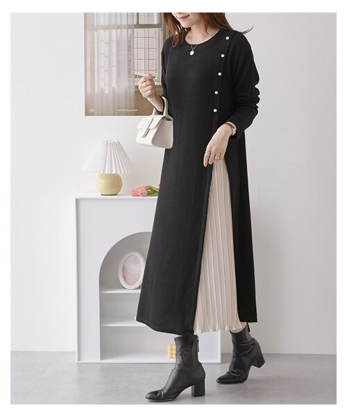 nissen（ニッセン）の「ふんわりリブニットソー　プリーツ切替ワンピース（ワンピース・レディース・ブラック/モカ/ネイビー/グレージュ・M/L/LL/3L/4L/5L/6L）」の9枚目の写真