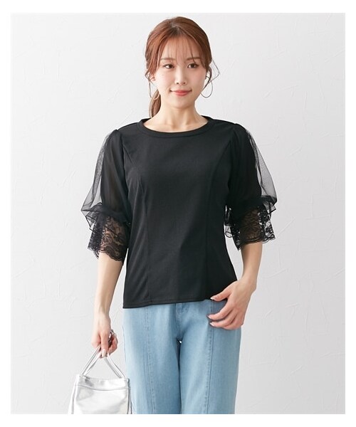 nissen（ニッセン）の「【大きい胸専用】シアーラメテレコデザインスリーブプルオーバー（Tシャツ/カットソー・レディース・オフホワイト/ブラック/ピンク・FM/FL/FLL/F3L）」の2枚目の写真