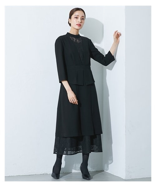 【喪服・礼服】日本製生地使用　洗える防しわアンサンブル風レース切替デザインワンピース｜大きいサイズ有〔Callarus〕