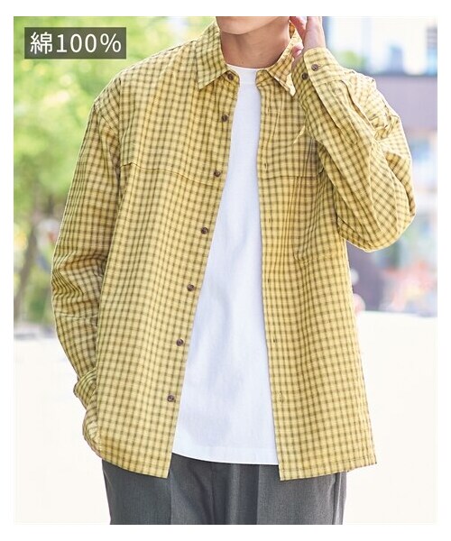 nissen（ニッセン）の「オーバーサイズ長袖チェックシャツ【大きいサイズ有】（シャツ/ブラウス・メンズ・マスタード系/オフホワイト系・M/L/LL/3L/4L/5L/6L/8L/10L）」の2枚目の写真