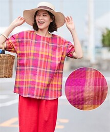 nissen | 大きいサイズ綿100%涼やかさらさらサッカー生地５分袖Ｔブラウス(シャツ/ブラウス)