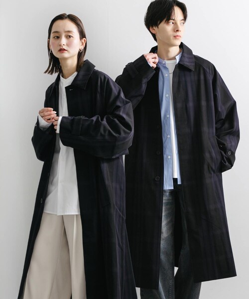 SENSE OF PLACE by URBAN RESEARCH(センスオブプレイスバイアーバンリサーチ)の「『ユニセックス』バルマカーンロングコート(ステンカラーコート・メンズ・BEIGE/BLK×CHK/NAVY・M/L)」の1枚目の写真