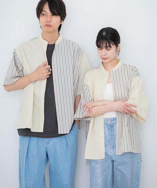 SENSE OF PLACE by URBAN RESEARCH（センスオブプレイスバイアーバンリサーチ）の「『ユニセックス』ストライプブロックドルーズシャツ（シャツ/ブラウス・メンズ・GREG×BEG/BLU×LBLU/CHC×BLK・M/L）」の4枚目の写真