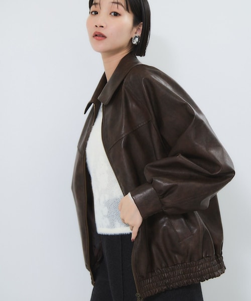 VIS（ビス）の「合皮＆スエードライクジップアップブルゾン（ブルゾン・レディース・ダークブラウン/ダークブラウン系/ピンク系・F）」の2枚目の写真