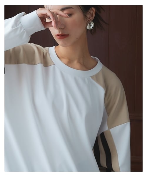 nissen（ニッセン）の「肉厚ポンチ素材ライン使いプルオーバー ［Soiunique］（Tシャツ/カットソー・レディース・ネイビー系/オフホワイト系・1(S-M)/2(L-LL)）」の3枚目の写真