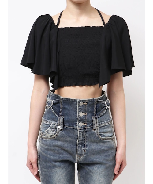 EMODA（エモダ）の「PETAL SLEEVE SHORT TOP（Tシャツ/カットソー・レディース・ホワイト/ブラック/ライトミックス・F）」の4枚目の写真