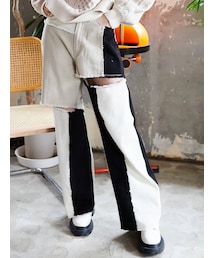 EVRIS | パッチワークスラッシュワイドパンツ(デニムパンツ)