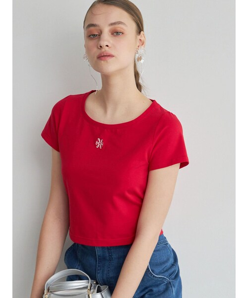 MERCURYDUO（マーキュリーデュオ）の「エンブロイダリーワンポイントロゴTシャツ（Tシャツ/カットソー・レディース・オフホワイト/ブラック/レッド・F）」の12枚目の写真