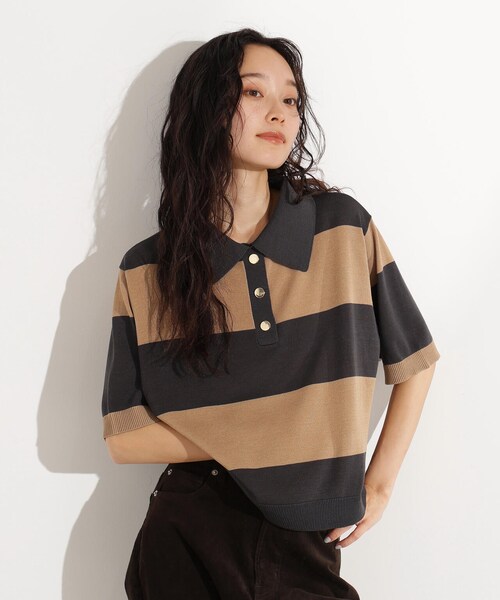 GARDEN（ガーデン）の「ボーダーポロニット（トップス・チャコール×ベージュ/ブラウン×ピンク/ネイビー×ブラウン・M）」の5枚目の写真