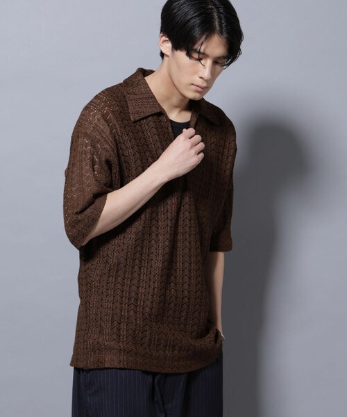 GARDEN（ガーデン）の「メッシュラッセル スキッパーポロ（トップス・メンズ・ホワイト/ブラウン・M/L）」の2枚目の写真