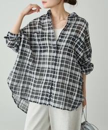 PUAL CE CIN | 【日焼け・冷房対策に◎】綿麻チェックオーバーシャツブラウス(トップス)