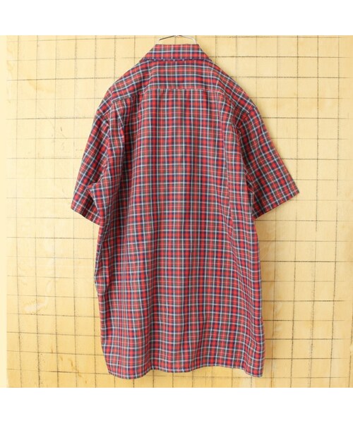 J.C.PENNEY（ジェーシーペニー）の「70s 80s USA JCPenney 半袖 チェックボックスシャツ レッド ネイビー メンズM アメリカ古着（シャツ/ブラウス・レディース・レッド・M）」の3枚目の写真