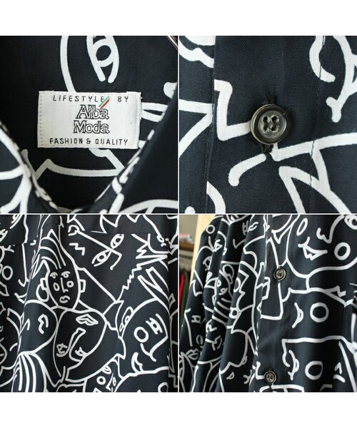 --(--)の「80s 90s EURO Alba Moda 総柄ポリエステルシャツ メンズXL相当 ブラック 顔柄 半袖 ヨーロッパ古着(シャツ/ブラウス・レディース・ブラック・XL)」の2枚目の写真