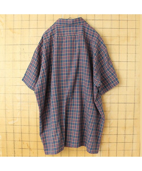 J.C.PENNEY（ジェーシーペニー）の「80s 90s USA TOWNCRAFT JCPenney 半袖 チェックボックスシャツ ネイビー レッド メンズXL アメリカ古着（シャツ/ブラウス・レディース・ブルー・XL）」の3枚目の写真