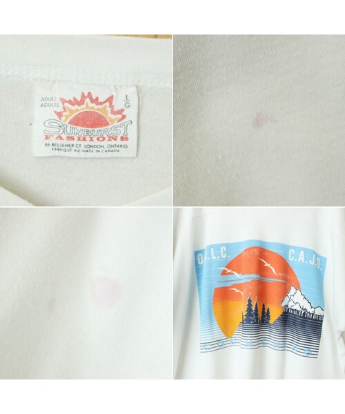 --（--）の「70s 80s CANADA製 SUNBURST FASHIONS O.S.L.C. C.A.J.O. COUCHICHING プリントフットボールTシャツ ホワイト メンズL 5部袖 アメリカ古着（Tシャツ/カットソー・レディース・ホワイト・L）」の2枚目の写真