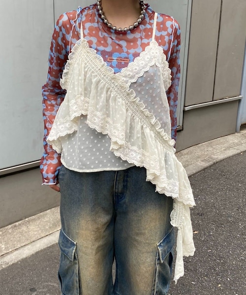CIAOPANIC TYPY(チャオパニックティピー)の「H.Sアシメフリルドットレースキャミ(タンクトップ・レディース・サックスブルー/ブラック/オフホワイト・ONE)」の2枚目の写真